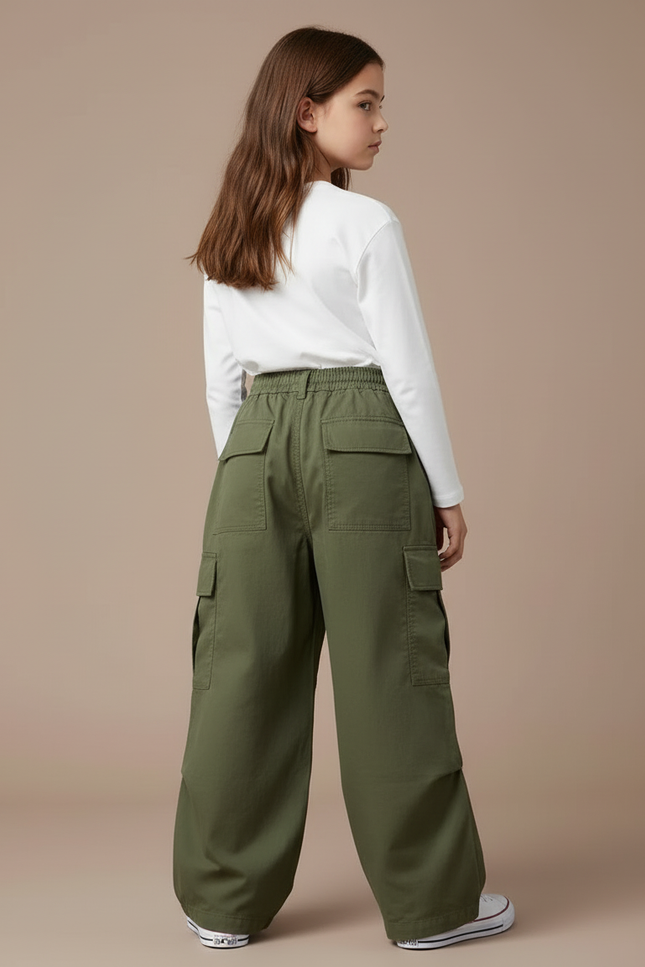 Pantalon Cargo Vert Ample Décontracté Fille - Kaki Toile - vue 2