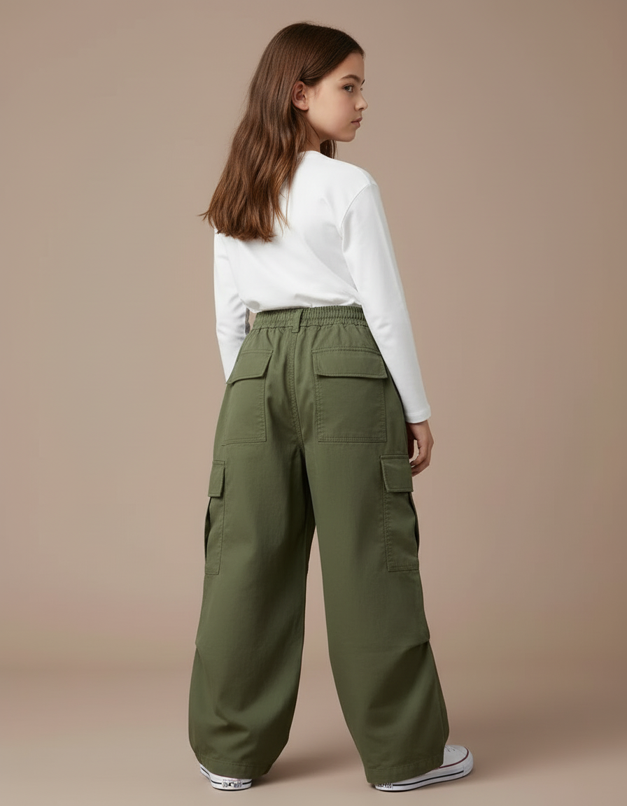 Pantalon Cargo Vert Ample Décontracté Fille - Kaki Toile - vue 2