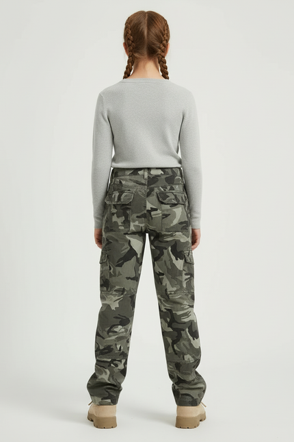 Pantalon Cargo Camouflage Ample Multipoches Enfant - Kaki Toile - vue 2