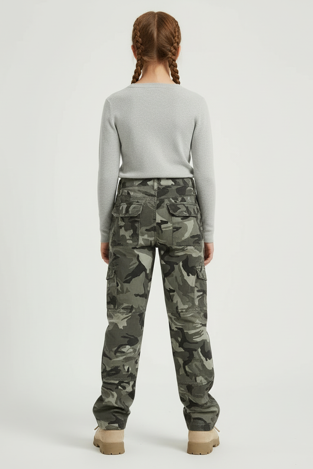 Pantalon Cargo Camouflage Ample Multipoches Enfant - Kaki Toile - vue 2
