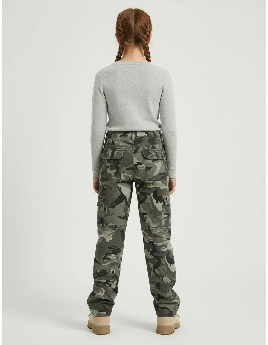 Pantalon Cargo Camouflage Ample Multipoches Enfant - Kaki Toile - vue 2