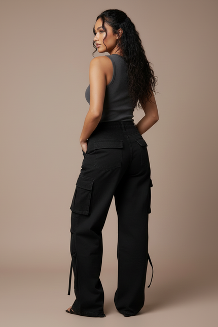 Pantalon Cargo Noir Ample Poches Latérales Femme - Toile - vue 2