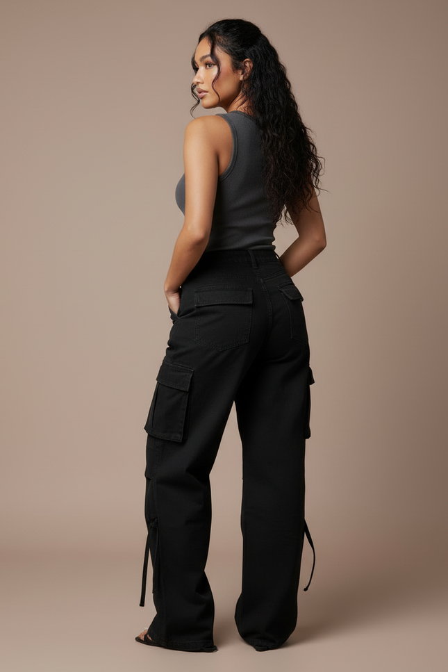Pantalon Cargo Noir Ample Poches Latérales Femme - Toile - vue 2
