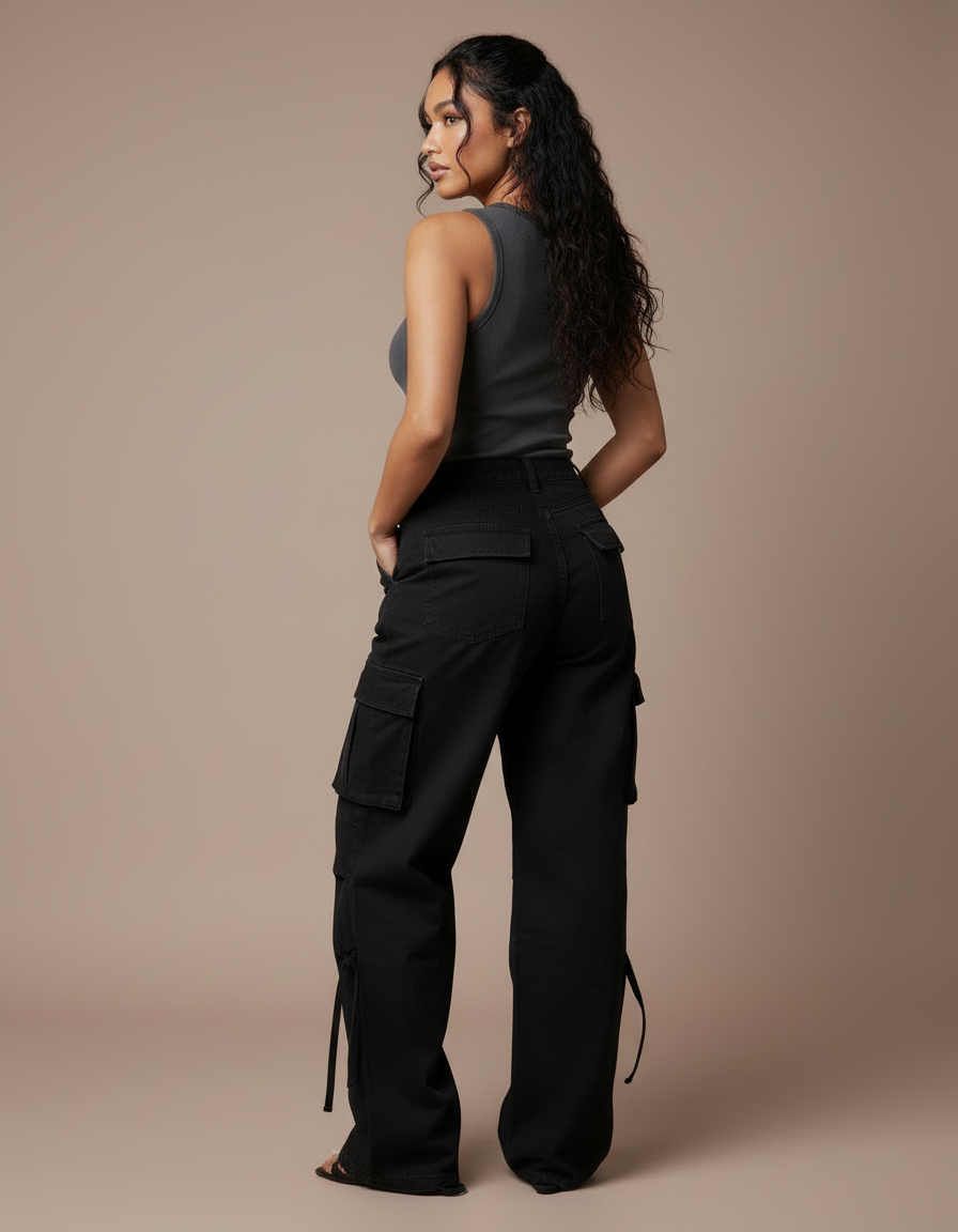 Pantalon Cargo Noir Ample Poches Latérales Femme - Toile - vue 2