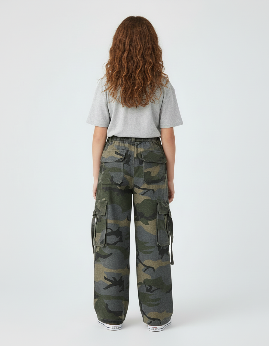 Pantalon Cargo Camouflage Ample Poches Fille Coton - Multicolore Molleton - vue 2