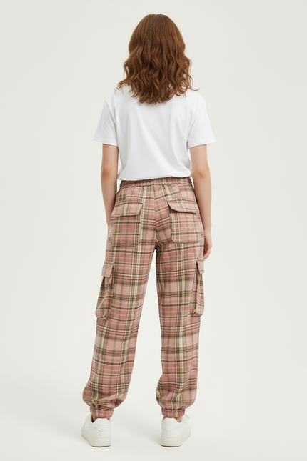 Pantalon Cargo Rose Plaid Ample Décontracté Poches - Coton - vue 2