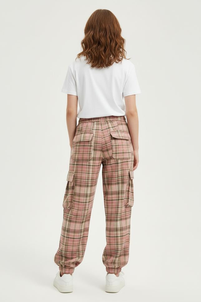 Pantalon Cargo Rose Plaid Ample Décontracté Poches - Coton - vue 2