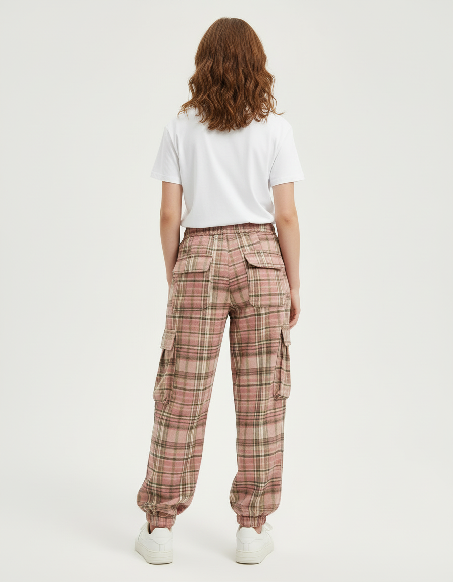 Pantalon Cargo Rose Plaid Ample Décontracté Poches - Coton - vue 2