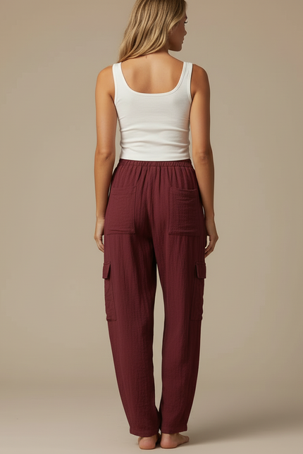 Pantalon Cargo Bordeaux Ample Coton Lin Femme - vue 2