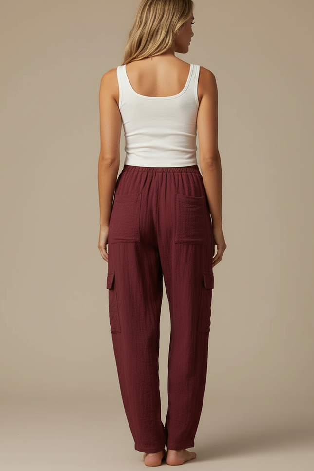 Pantalon Cargo Bordeaux Ample Coton Lin Femme - vue 2