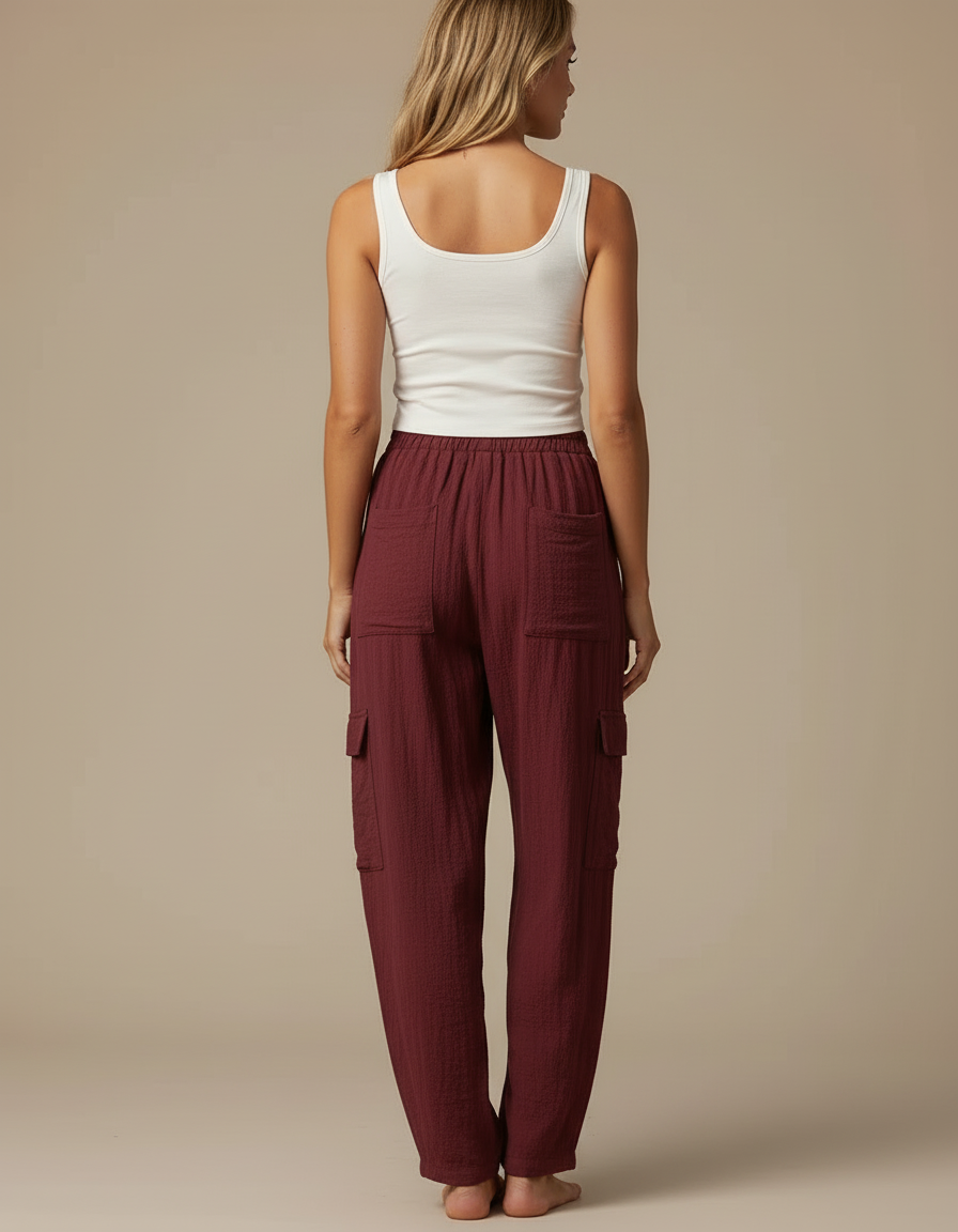 Pantalon Cargo Bordeaux Ample Coton Lin Femme - vue 2
