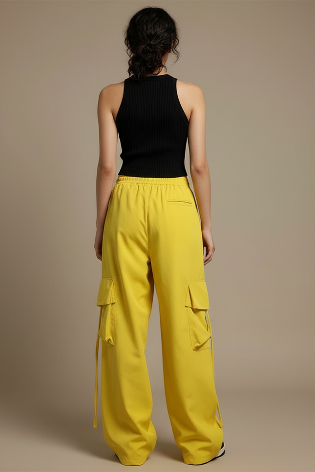 Pantalon Cargo Jaune Ample Taille Haute Poches - Gabardine - vue 2