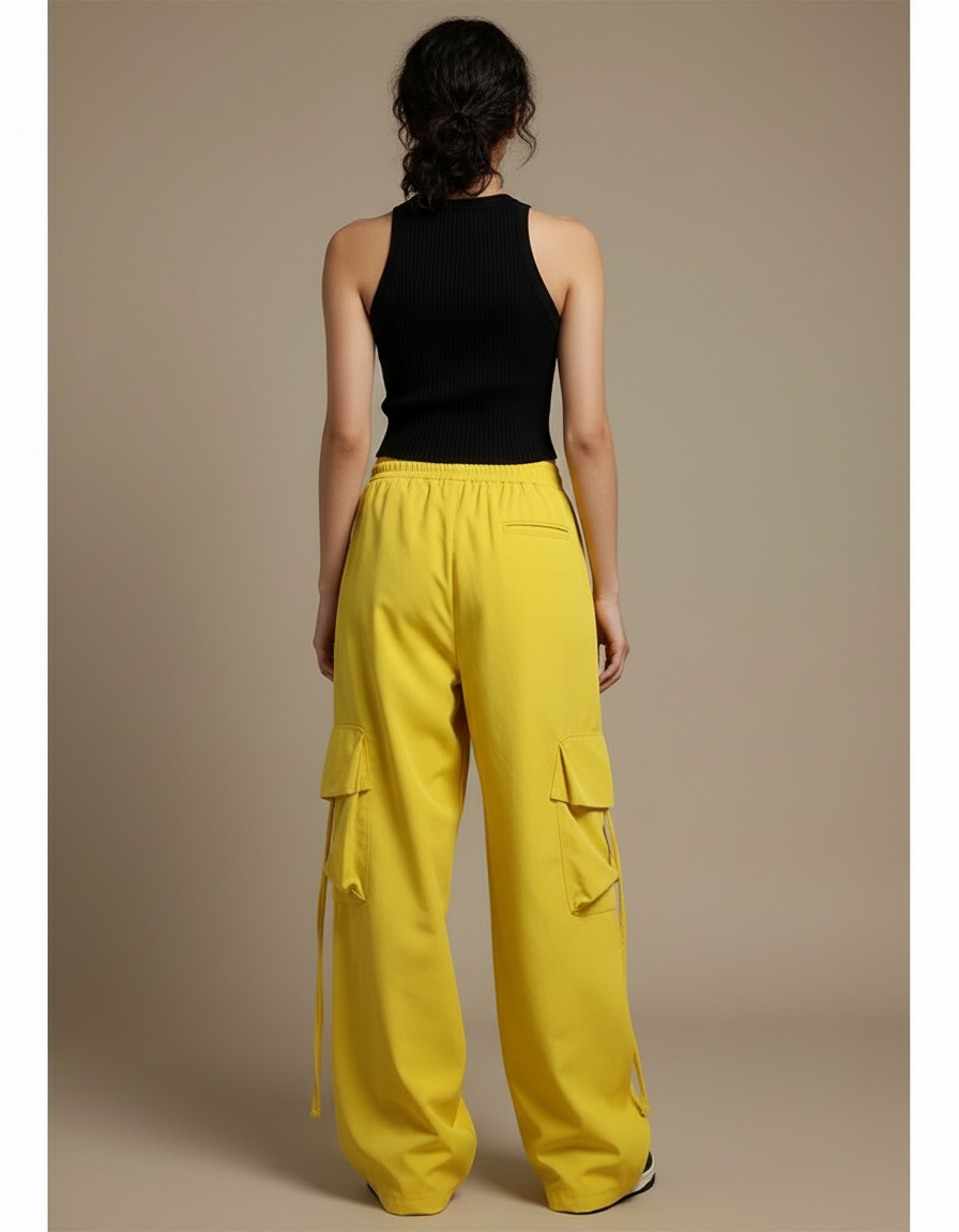 Pantalon Cargo Jaune Ample Taille Haute Poches - Gabardine - vue 2
