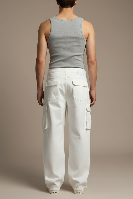 Pantalon Cargo Blanc Ample Coton Décontracté Homme - Jean - vue 2