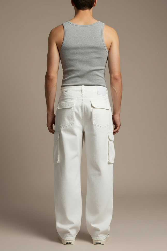 Pantalon Cargo Blanc Ample Coton Décontracté Homme - Jean - vue 2