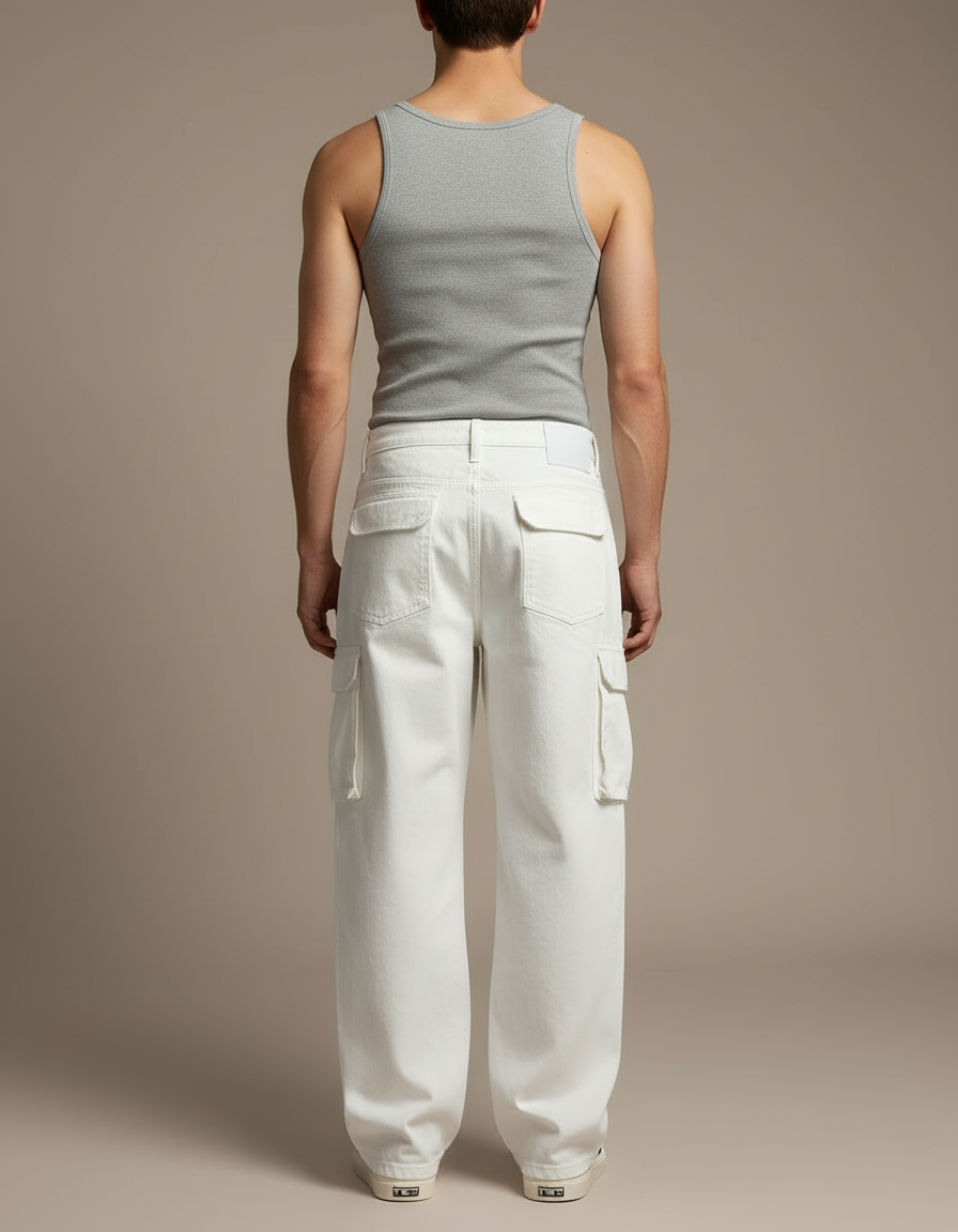 Pantalon Cargo Blanc Ample Coton Décontracté Homme - Jean - vue 2