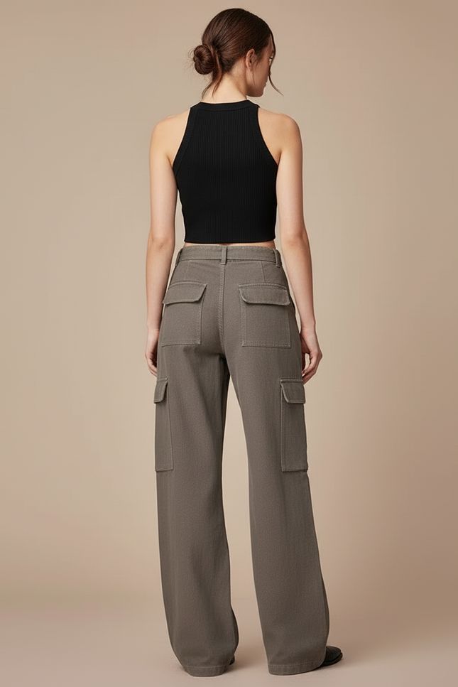 Pantalon Cargo Gris Ample Multipoches Streetwear Ceinturé - Kaki Toile - vue 2