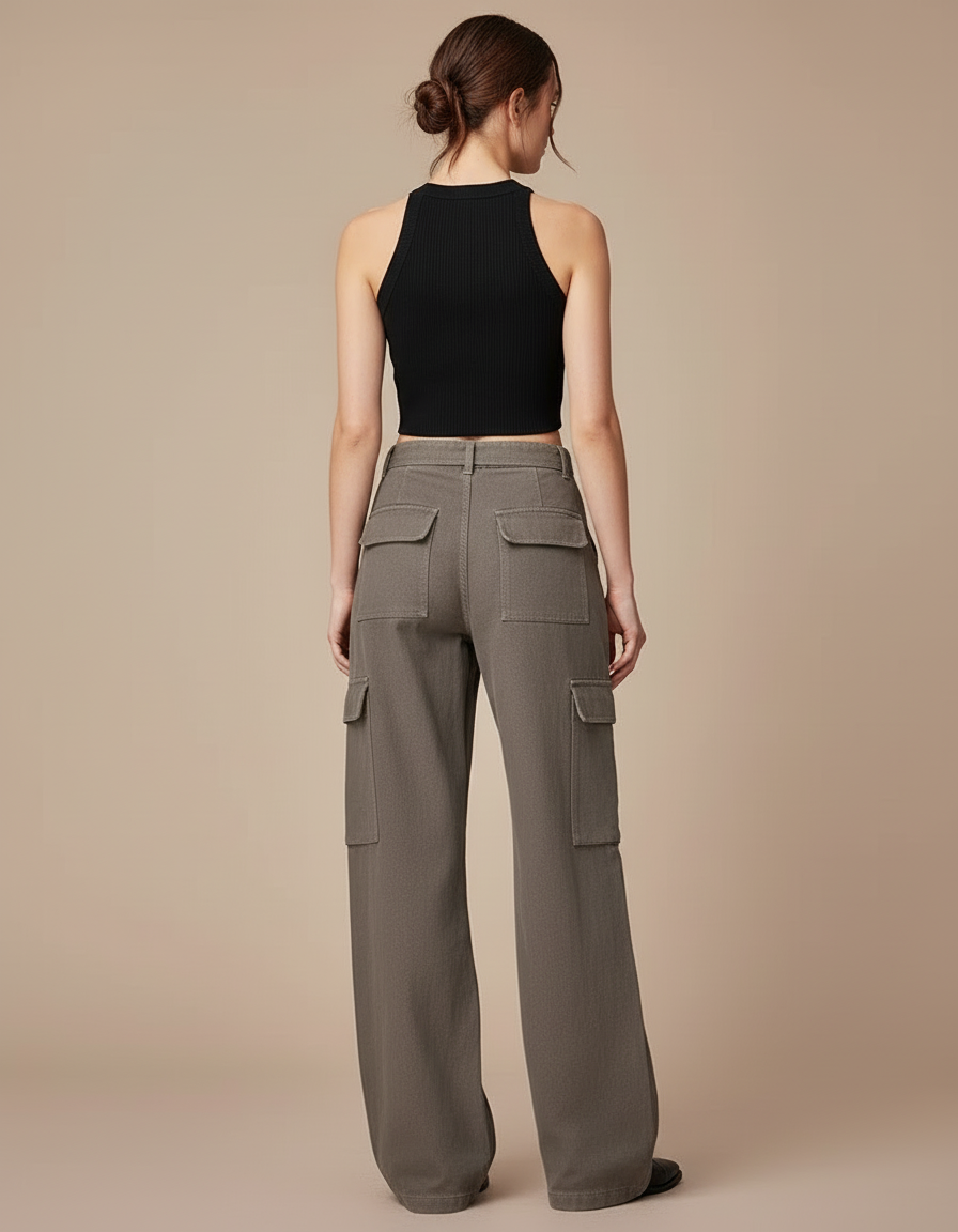 Pantalon Cargo Gris Ample Multipoches Streetwear Ceinturé - Kaki Toile - vue 2