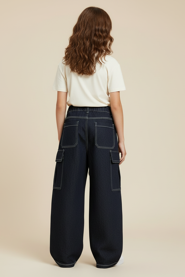 Pantalon Cargo Denim Bleu Ample Multipoches Fille - Marine Jean - vue 2
