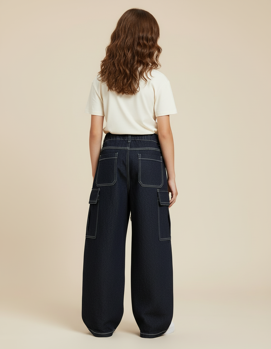 Pantalon Cargo Denim Bleu Ample Multipoches Fille - Marine Jean - vue 2