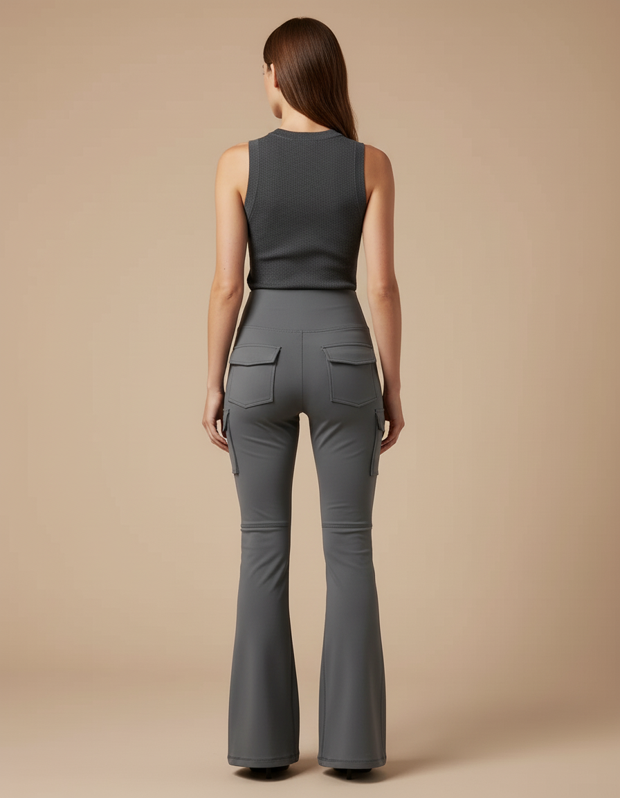 Pantalon Cargo Gris Évasé Femme Ajusté Confortable - Polyester - vue 2