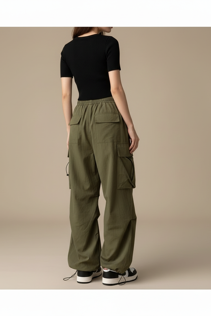 Pantalon Cargo Vert Ample Décontracté Taille Haute Femme - Kaki Polyester - vue 2