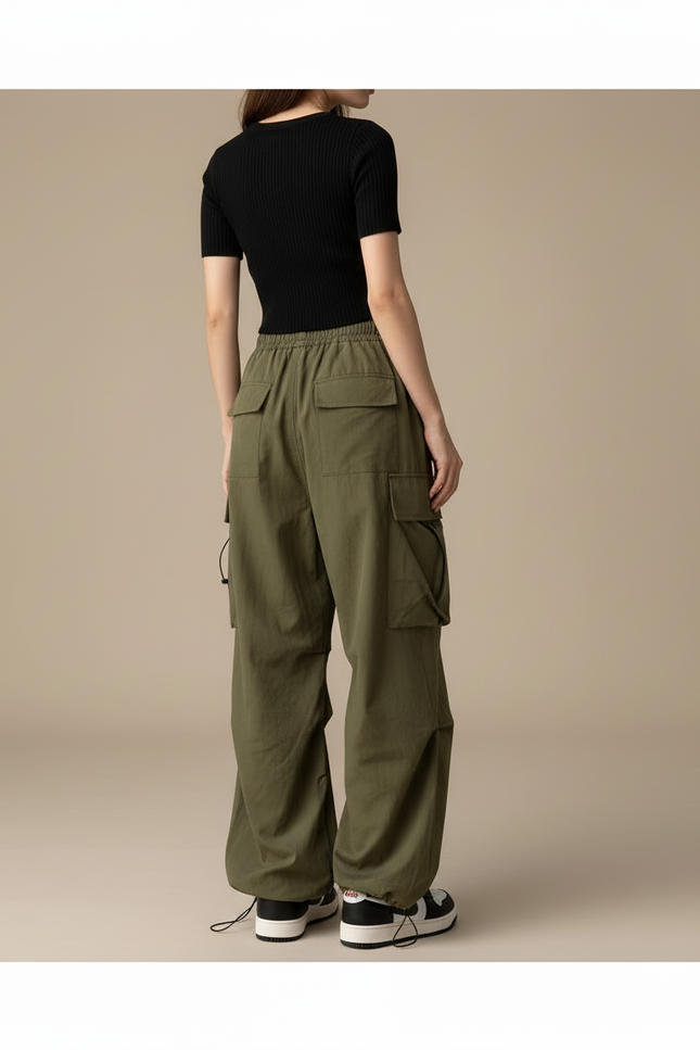 Pantalon Cargo Vert Ample Décontracté Taille Haute Femme - Kaki Polyester - vue 2