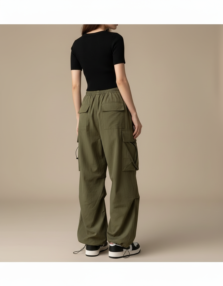 Pantalon Cargo Vert Ample Décontracté Taille Haute Femme - Kaki Polyester - vue 2