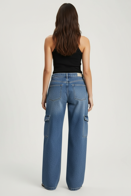Pantalon Cargo Jean Ample Bleu Multipoches Droit - vue 2