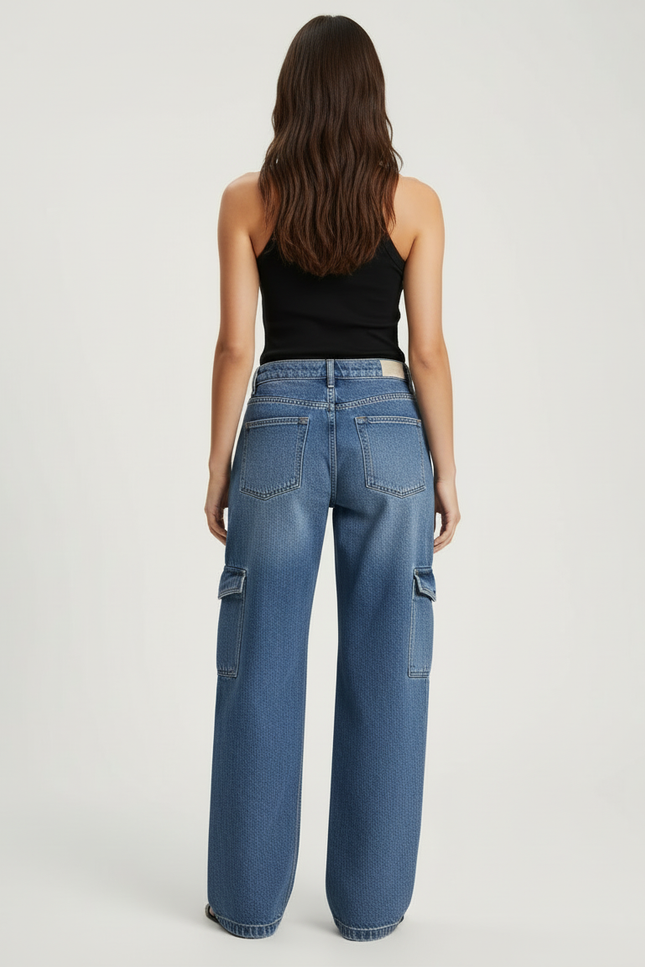 Pantalon Cargo Jean Ample Bleu Multipoches Droit - vue 2