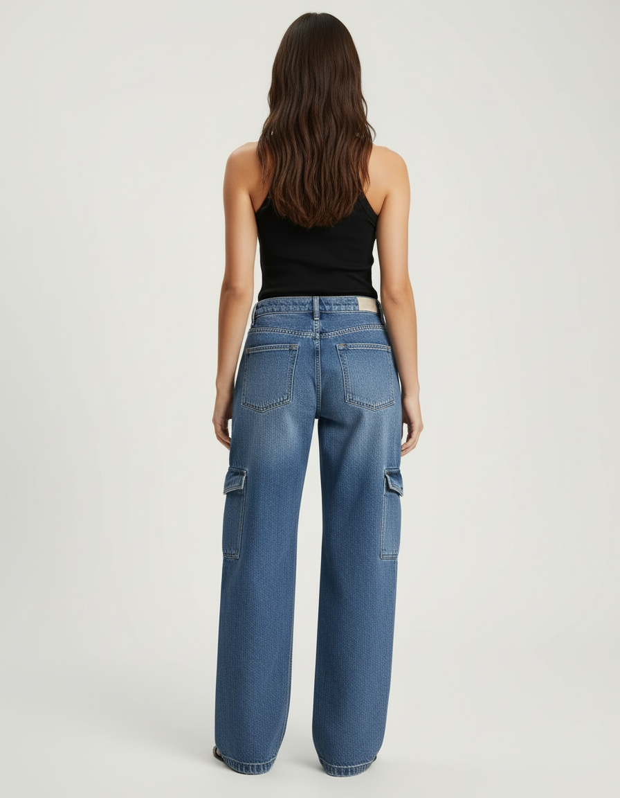 Pantalon Cargo Jean Ample Bleu Multipoches Droit - vue 2