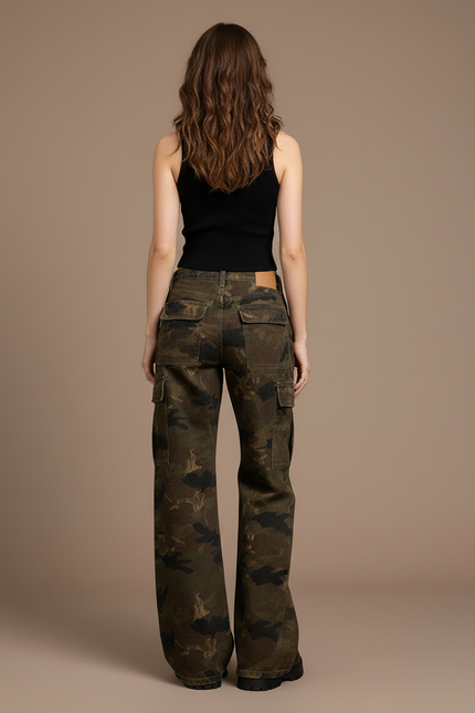Pantalon Cargo Camouflage Ample Femme Taille Basse - Imprimé Toile - vue 2