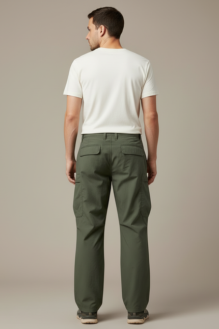 Pantalon Cargo Vert Ample Décontracté Homme Coton - Kaki Gabardine - vue 2