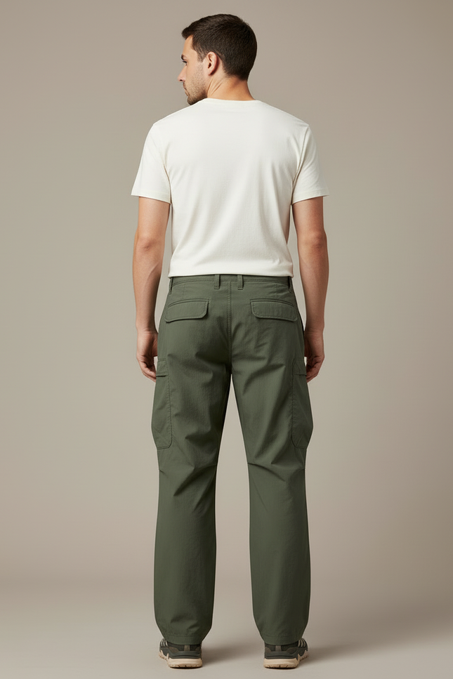 Pantalon Cargo Vert Ample Décontracté Homme Coton - Kaki Gabardine - vue 2