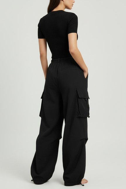 Pantalon Cargo Noir Ample Poches Streetwear - Polyester - vue 2