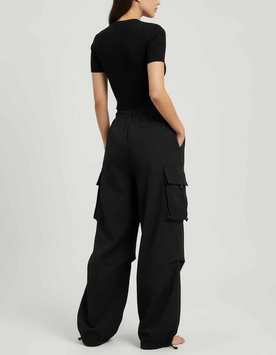 Pantalon Cargo Noir Ample Poches Streetwear - Polyester - vue 2