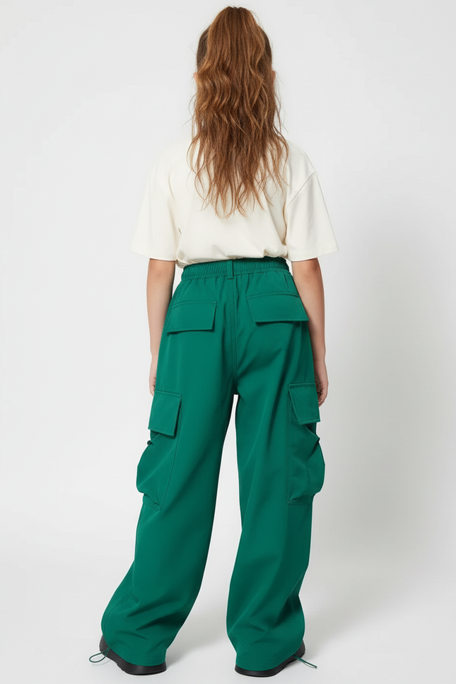 Pantalon Cargo Vert Ample Décontracté Poches Fille - Polyester - vue 2