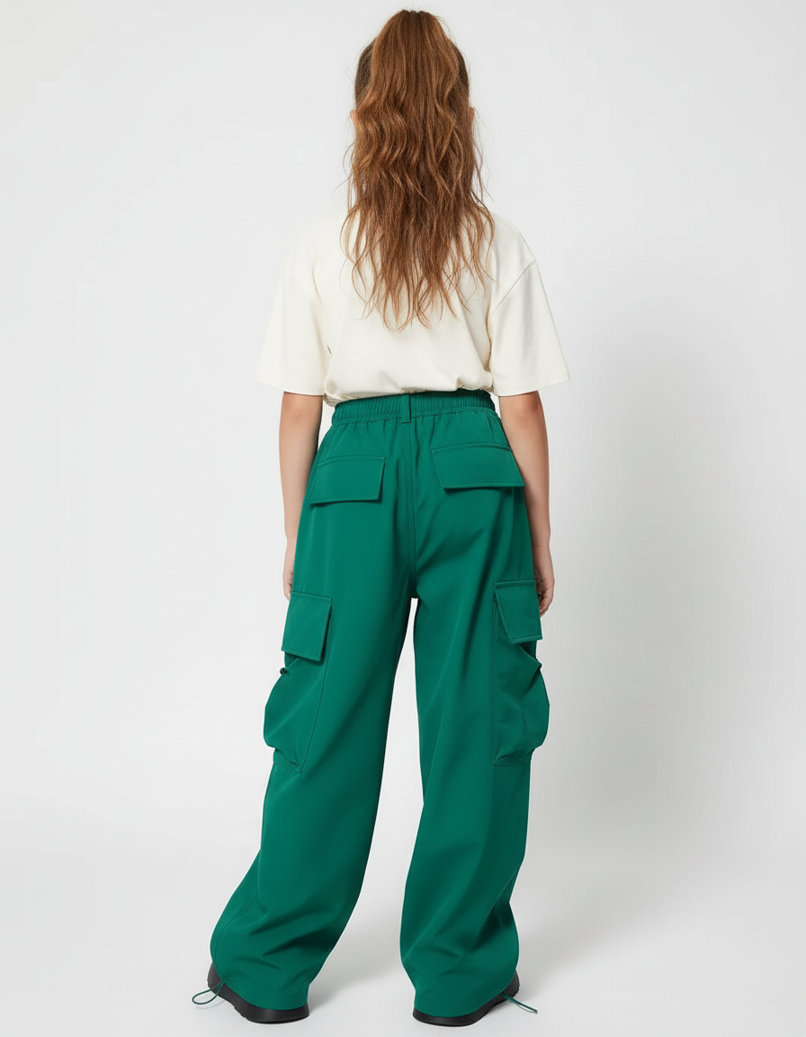 Pantalon Cargo Vert Ample Décontracté Poches Fille - Polyester - vue 2