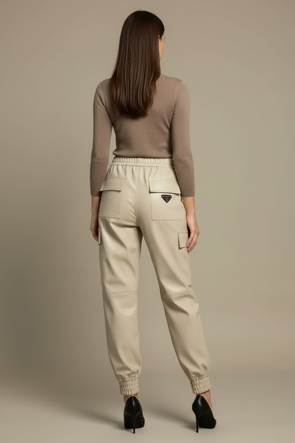 Pantalon Cargo Écru Similicuir Taille Haute Chevilles Élastiquées - Beige Simili cuir - vue 2