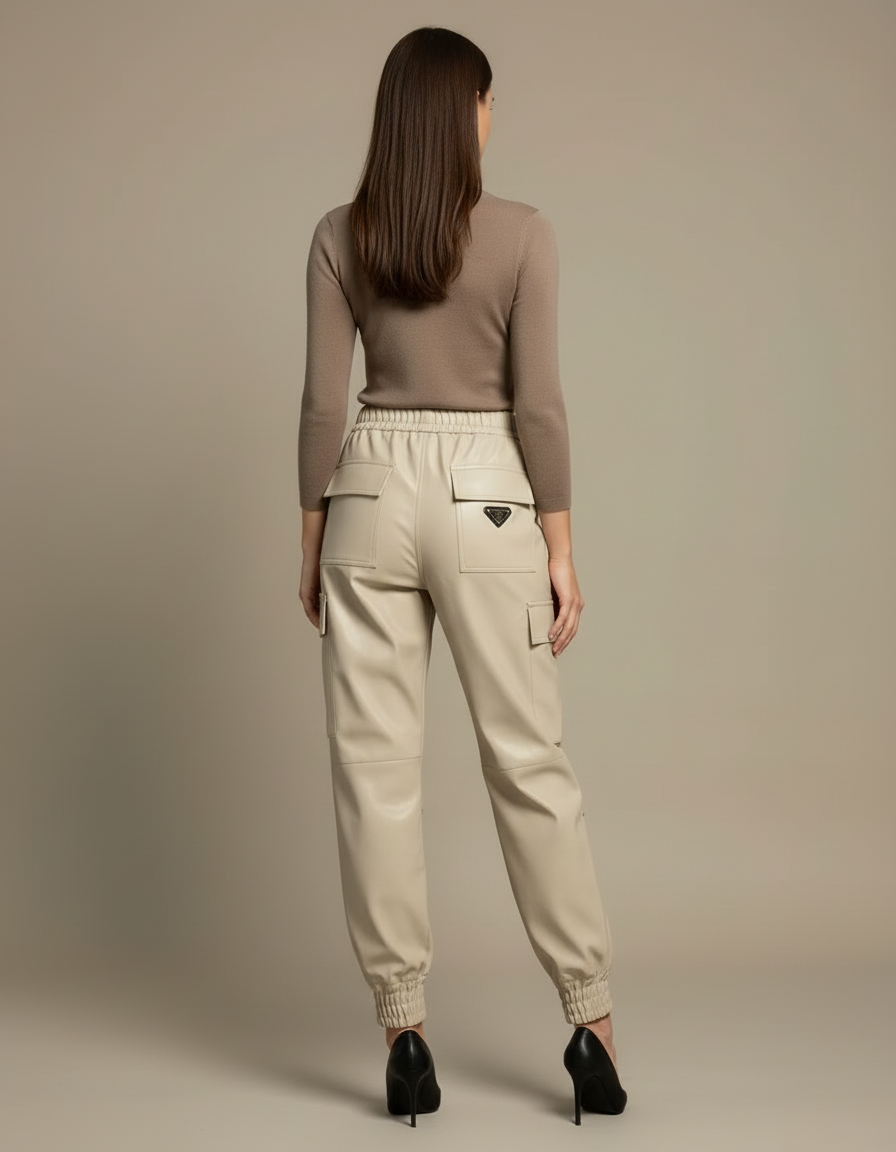 Pantalon Cargo Écru Similicuir Taille Haute Chevilles Élastiquées - Beige Simili cuir - vue 2