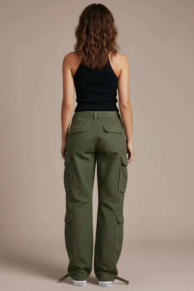 Pantalon Cargo Vert Ample Multipoches Décontracté Femme - Kaki Toile - vue 2