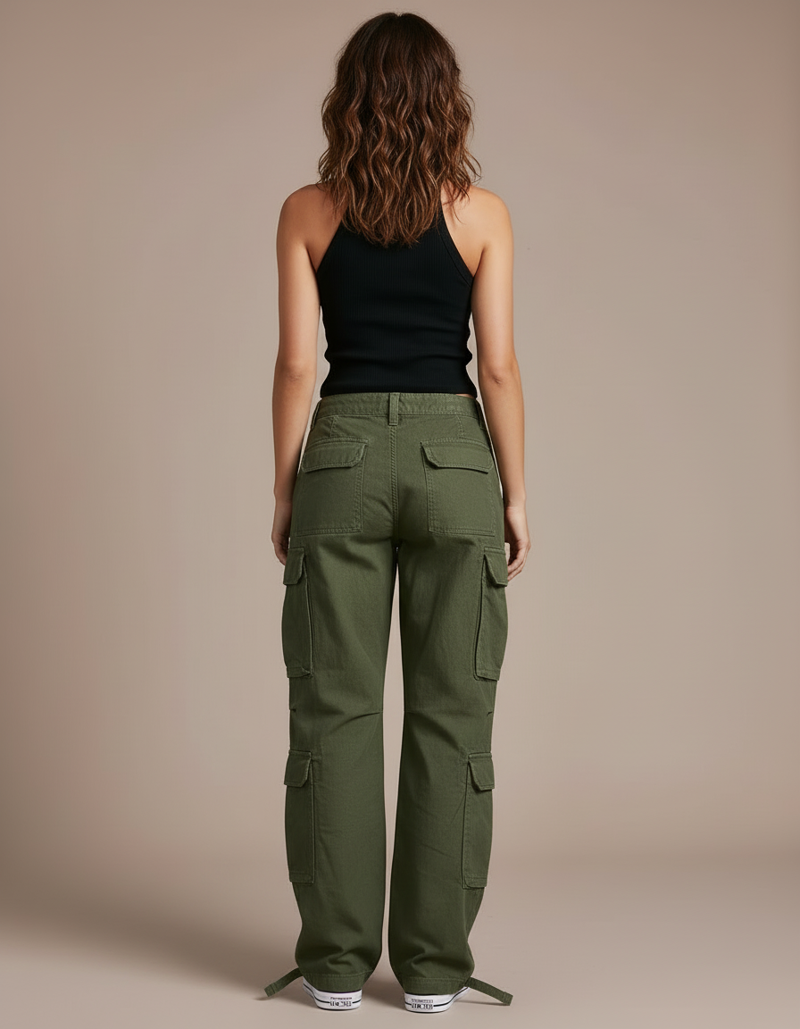 Pantalon Cargo Vert Ample Multipoches Décontracté Femme - Kaki Toile - vue 2