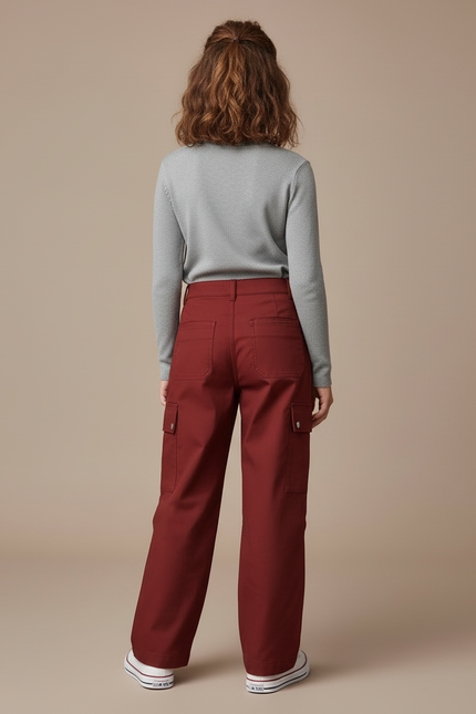 Pantalon Cargo Rouge Brique Ample Enfant Multipoches - Bordeaux Gabardine - vue 2