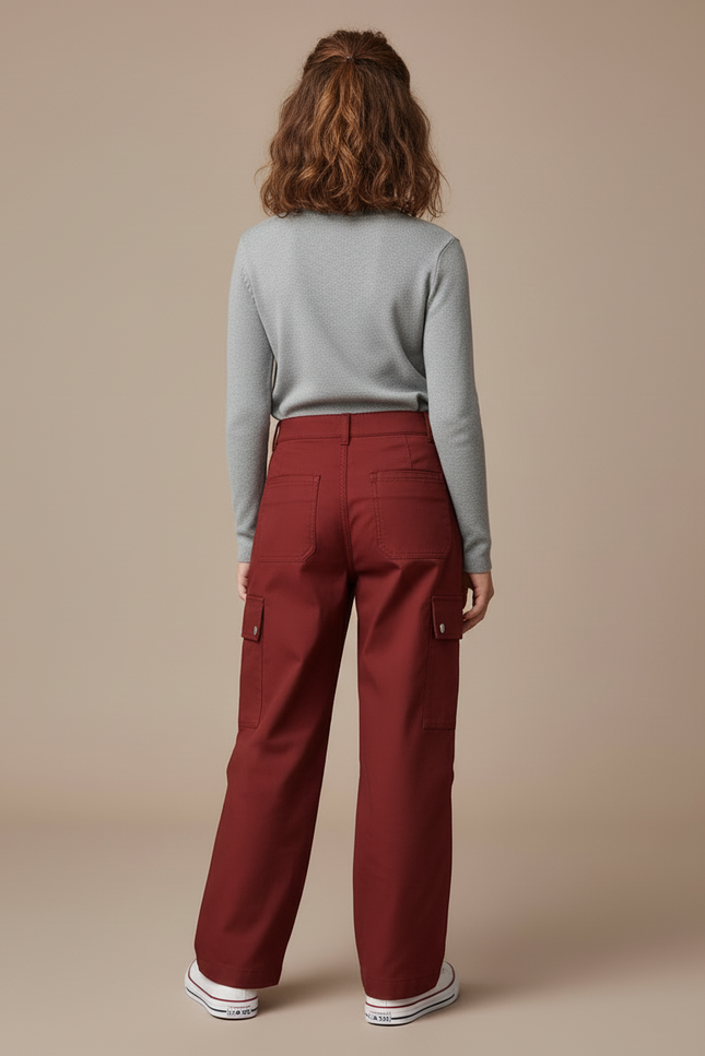 Pantalon Cargo Rouge Brique Ample Enfant Multipoches - Bordeaux Gabardine - vue 2