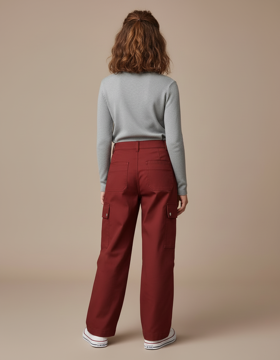 Pantalon Cargo Rouge Brique Ample Enfant Multipoches - Bordeaux Gabardine - vue 2