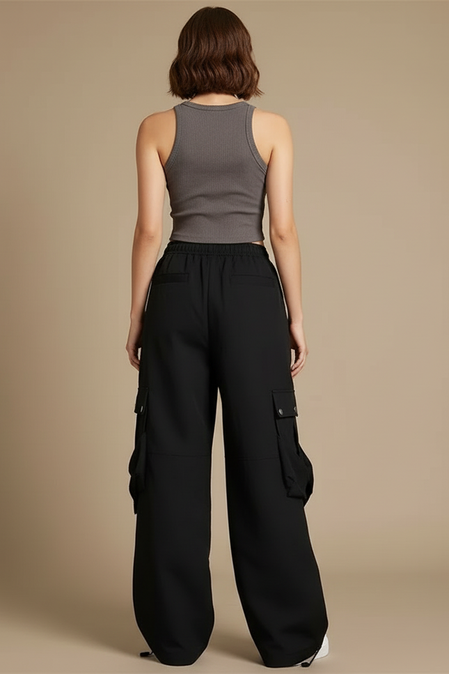 Pantalon Cargo Noir Ample Techwear Multipoches - Polyester - vue 2