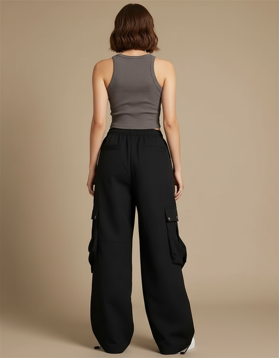 Pantalon Cargo Noir Ample Techwear Multipoches - Polyester - vue 2