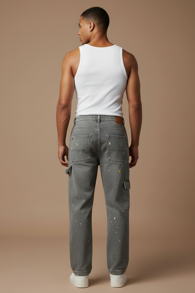 Pantalon Cargo Gris Délavé Peint Ample Multi-Poches - Jean - vue 2