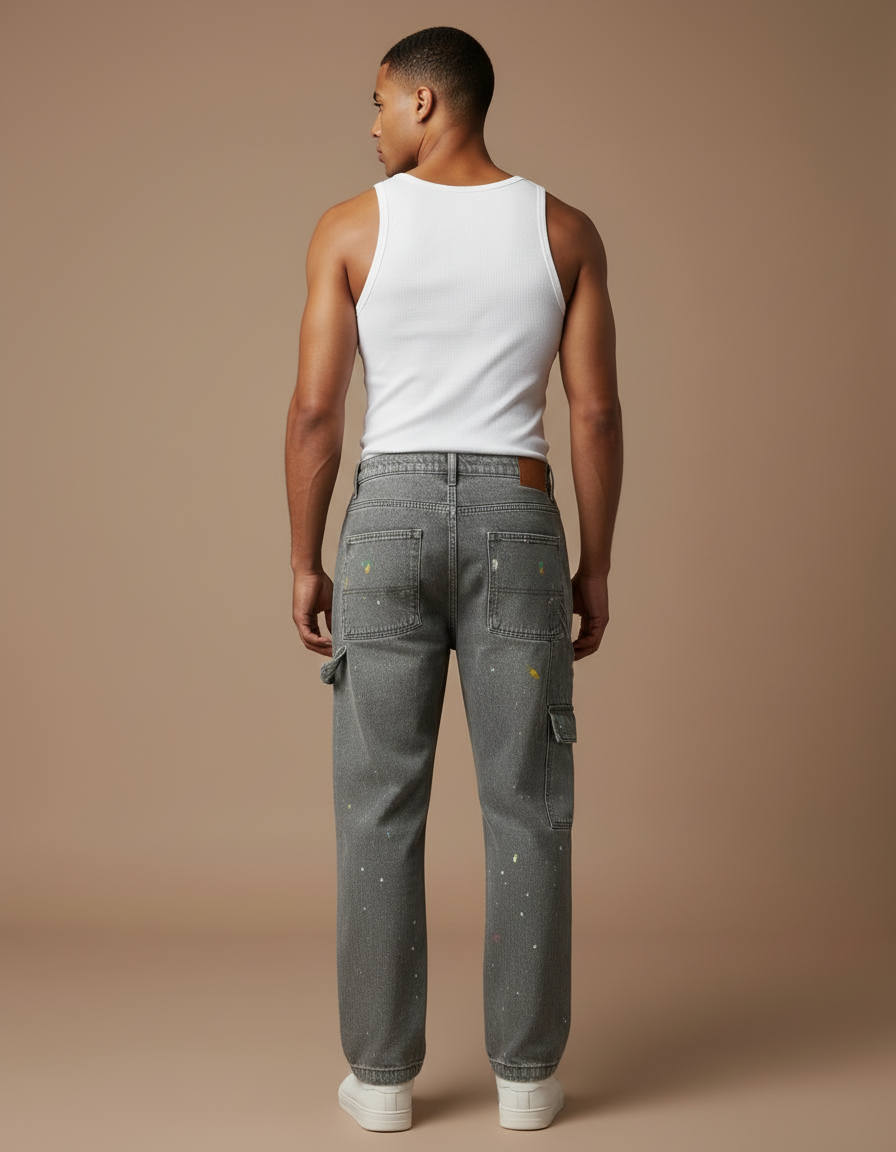 Pantalon Cargo Gris Délavé Peint Ample Multi-Poches - Jean - vue 2