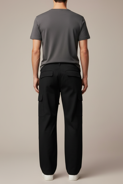 Pantalon Cargo Noir Coton Ample Multipoches Décontracté - vue 2